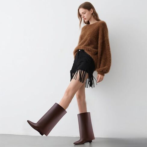 Women's Foldable Over-the-Knee Boots Wedge Heel Slouchy High Boots Pointed-Toe Dress High Boots in Saudi Arabia