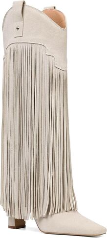 Mattiventon Knee High Boots for Women Fashion Fringe Boots with Square Toe Chunky Heel Pull On Suede Tall Boot for Party Dating in Kuwait