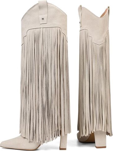 Mattiventon Knee High Boots for Women Fashion Fringe Boots with Square Toe Chunky Heel Pull On Suede Tall Boot for Party Dating in Kuwait