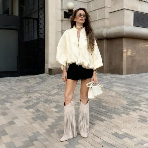 Mattiventon Knee High Boots for Women Fashion Fringe Boots with Square Toe Chunky Heel Pull On Suede Tall Boot for Party Dating in Kuwait