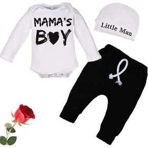 ملابس الطفل الصبي ملابس الخريف حديثي الولادة برقبة مستديرة وأحرف مطبوعة رومبير + بنطلون + قبعة ملابس من 3 قطع in Kuwait