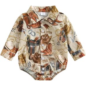 Baby Boy Western Shirt Cowgirl Print Button Down Turn Down Collar Long Sleeve Infant Boy Fall Romper in Kuwait