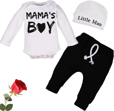 Baby Boy Clothes Newborn Fall Outfits Round Neck Letter Printed Romper+Pants+Hat 3PCS Outfits in Kuwait