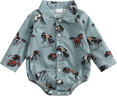 Baby Boy Western Shirt Cowgirl Print Button Down Turn Down Collar Long Sleeve Infant Boy Fall Romper in Saudi Arabia