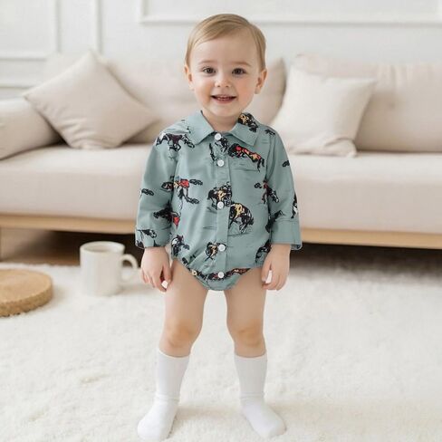 Baby Boy Western Shirt Cowgirl Print Button Down Turn Down Collar Long Sleeve Infant Boy Fall Romper in Saudi Arabia
