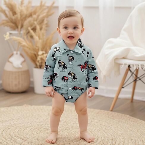 Baby Boy Western Shirt Cowgirl Print Button Down Turn Down Collar Long Sleeve Infant Boy Fall Romper in Saudi Arabia