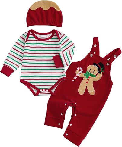 GOOCHEER Newborn Baby Boy Christmas Outfit Gingerbread Long Sleeve Striped Bubble Romper Overall Suspender Pants Clothes Set in Saudi Arabia