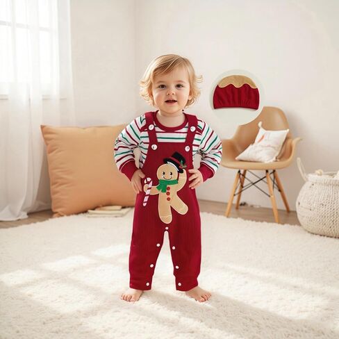 GOOCHEER Newborn Baby Boy Christmas Outfit Gingerbread Long Sleeve Striped Bubble Romper Overall Suspender Pants Clothes Set in Saudi Arabia