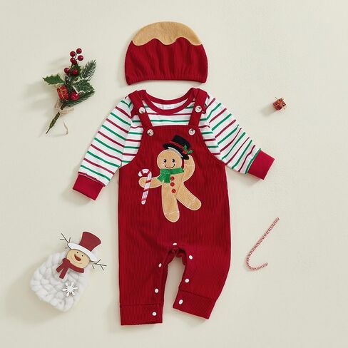 GOOCHEER Newborn Baby Boy Christmas Outfit Gingerbread Long Sleeve Striped Bubble Romper Overall Suspender Pants Clothes Set in Saudi Arabia