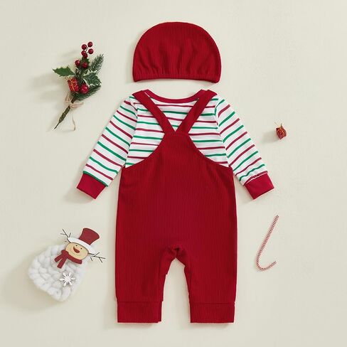 GOOCHEER Newborn Baby Boy Christmas Outfit Gingerbread Long Sleeve Striped Bubble Romper Overall Suspender Pants Clothes Set in Saudi Arabia