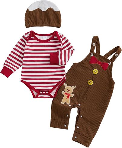 GOOCHEER Newborn Baby Boy Christmas Outfit Gingerbread Long Sleeve Striped Bubble Romper Overall Suspender Pants Clothes Set in Saudi Arabia