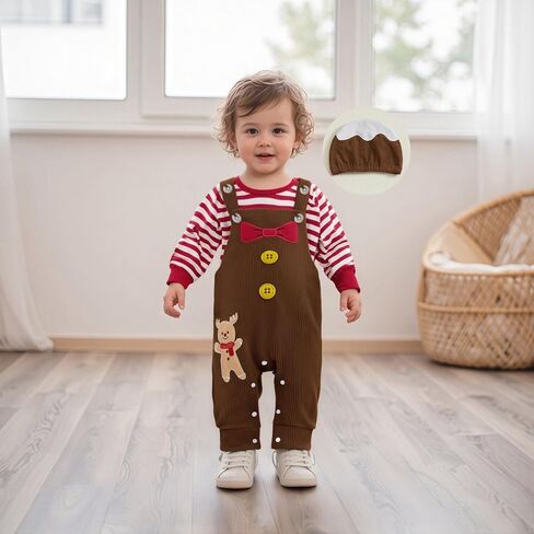 GOOCHEER Newborn Baby Boy Christmas Outfit Gingerbread Long Sleeve Striped Bubble Romper Overall Suspender Pants Clothes Set in Saudi Arabia