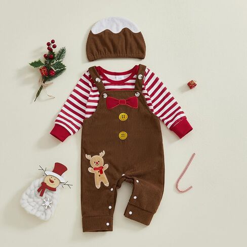 GOOCHEER Newborn Baby Boy Christmas Outfit Gingerbread Long Sleeve Striped Bubble Romper Overall Suspender Pants Clothes Set in Saudi Arabia
