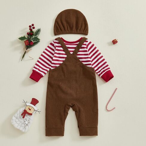 GOOCHEER Newborn Baby Boy Christmas Outfit Gingerbread Long Sleeve Striped Bubble Romper Overall Suspender Pants Clothes Set in Saudi Arabia