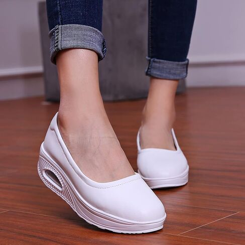 ihinzry Women's Wedge Leather Shoes Nurse Lightweight Comfort Work Shoes Waterproof Non Slip Loafer Platform Shoes in Kuwait
