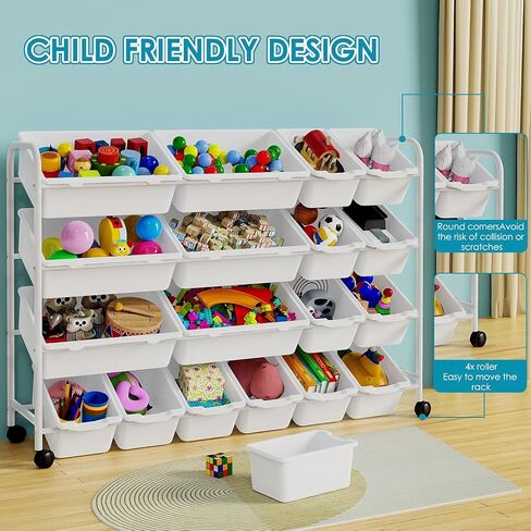 Toy Storage Organizer, Rolling Toy Organizer with 18 Storage Bins,4 Tier Large Toddler Toy Storage Rack with Wheels for Toys,Blocks and More, Playroom in Saudi Arabia
