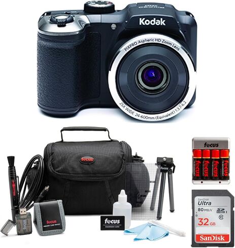 مجموعة كاميرا KODAK PIXPRO AZ252 Astro Zoom الرقمية (أسود) مع بطاقة سعة 32 جيجابايت، وحقيبة أدوات Koah Nostrand Avenue مع مجموعة ملحقات وبطاريات قابلة لإعادة الشحن in Kuwait