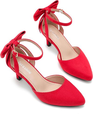 fereshte Women's Kitten Heel Pumps with Bow, Ankle Strap, Pointed Toe, Wedding Evening Dress Shoes in Saudi Arabia
