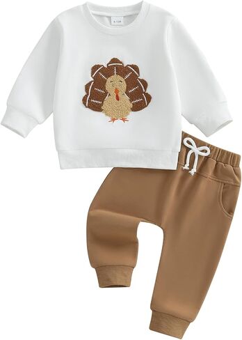 Baby Boy Thanksgiving Outfit Long Sleeve Crewneck Turkey Embroidery Sweatshirt Jogger Pants Set 2cps Clothes in Saudi Arabia