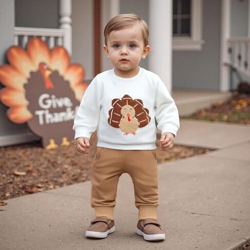 Baby Boy Thanksgiving Outfit Long Sleeve Crewneck Turkey Embroidery Sweatshirt Jogger Pants Set 2cps Clothes in Saudi Arabia