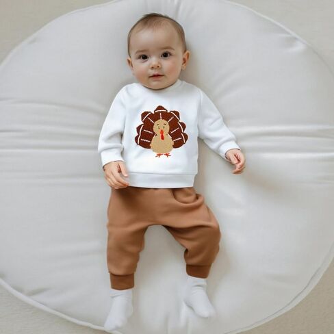 Baby Boy Thanksgiving Outfit Long Sleeve Crewneck Turkey Embroidery Sweatshirt Jogger Pants Set 2cps Clothes in Saudi Arabia