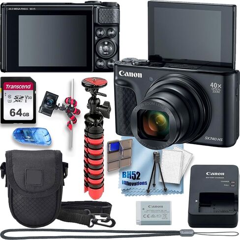 Canon PowerShot SX740 HS 4K Video Recording Vlogging Digital Camera+64GB Memory Card+Flexible SpiderTripod+Deluxe Accessory Bundle, Black (Renewed) in Saudi Arabia