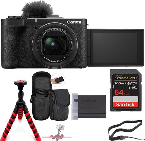 مجموعة الكاميرا الرقمية PowerShot V1 من Canon + بطاقة ذاكرة Extreme PRO سعة 64 جيجابايت وحامل ثلاثي القوائم Spider وحقيبة كتف للكاميرا in Kuwait