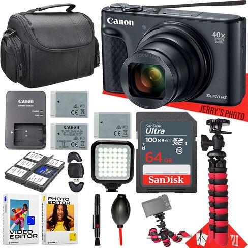 Canon PowerShot SX740 HS Digital Camera + 64GB Memory + LED Light + Extra Battery + PC Software + Spider Tripod + More (16pc Bundle) (Renewed) in Saudi Arabia