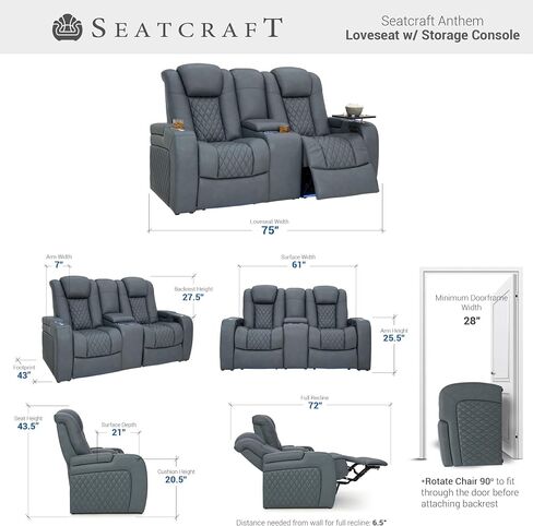 Seatcraft Anthem Italian Leather Loveseat w/Storage Console, Living Room, Power Headrest, Power Recline, Smokey Blue in Saudi Arabia