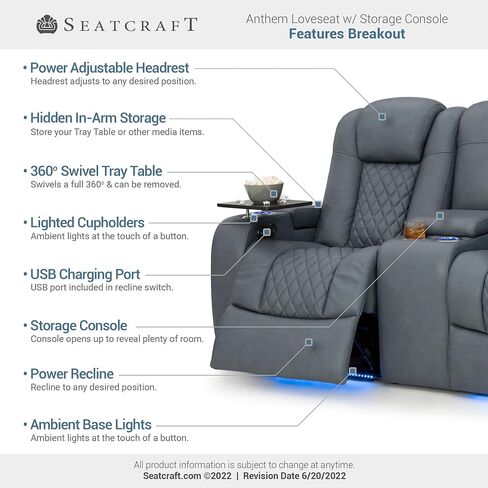 Seatcraft Anthem Italian Leather Loveseat w/Storage Console, Living Room, Power Headrest, Power Recline, Smokey Blue in Saudi Arabia