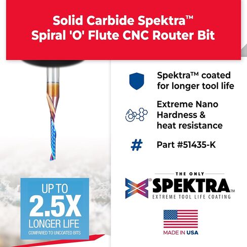 Amana Tool 51435-K CNC Spektra Coated SC Spiral O Single Flute, Plastic Cutting 1/8 D x 7/8 CH x 1/4 SHK x 2-1/2 Inch Long Up-Cut Router Bit with Mirror Finish in Saudi Arabia