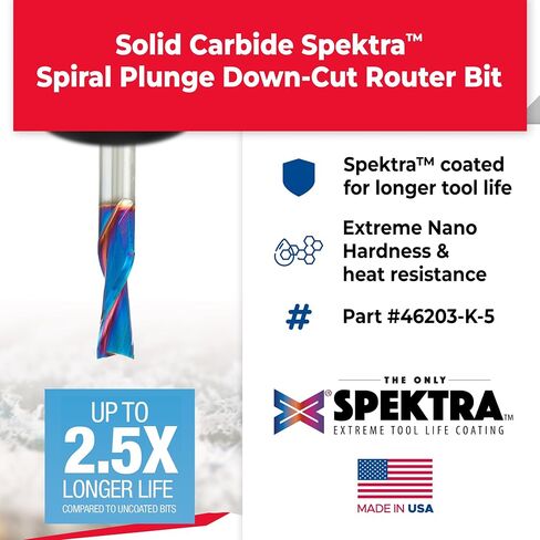 Amana Tool 46203-K-5 5-Pack SC Spektra Extreme Tool Life Coated Spiral Plunge 3/8 Dia x 1 CH x 3/8 SHK 2-1/2 Inch Long Down-Cut Router Bits in Saudi Arabia