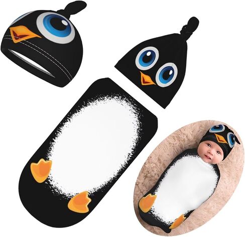 Personality Cartoon PenguinNewborn Swaddling Blanket Beanie Hat Funny Blanket Sleeping Bag New Born Sleep Sacks for Boys Girls in Saudi Arabia