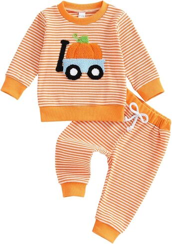 Toddler Infant Baby Boy Girl Halloween Outfit Pumpkin Waffle 6 12 18 24 Months 2 3 T Stripe Long Sleeve Pants Set in Saudi Arabia