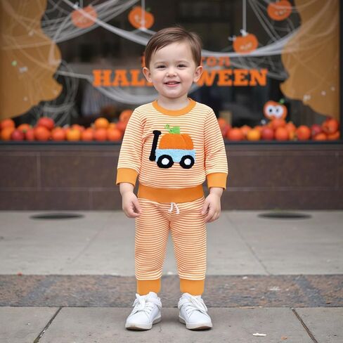 Toddler Infant Baby Boy Girl Halloween Outfit Pumpkin Waffle 6 12 18 24 Months 2 3 T Stripe Long Sleeve Pants Set in Saudi Arabia