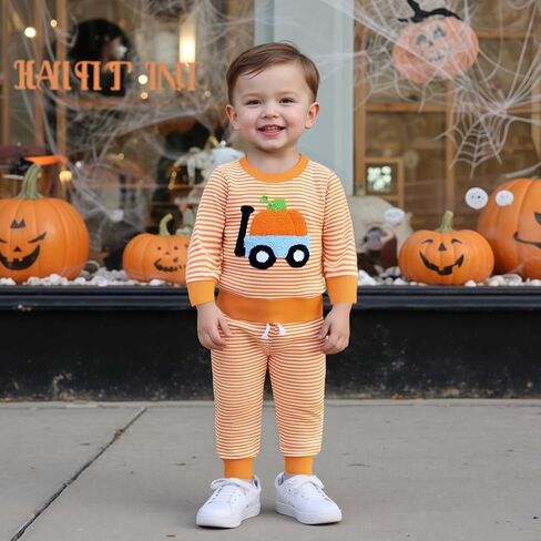 Toddler Infant Baby Boy Girl Halloween Outfit Pumpkin Waffle 6 12 18 24 Months 2 3 T Stripe Long Sleeve Pants Set in Saudi Arabia