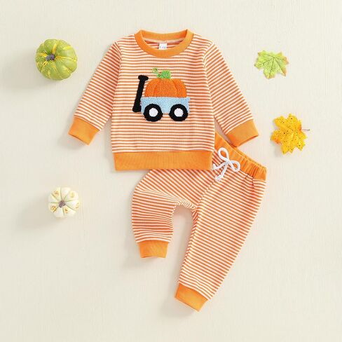 Toddler Infant Baby Boy Girl Halloween Outfit Pumpkin Waffle 6 12 18 24 Months 2 3 T Stripe Long Sleeve Pants Set in Saudi Arabia