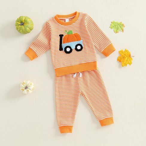 Toddler Infant Baby Boy Girl Halloween Outfit Pumpkin Waffle 6 12 18 24 Months 2 3 T Stripe Long Sleeve Pants Set in Saudi Arabia