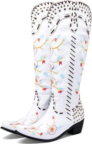 Cowboy Boots for Women Knee High Cowgirl Boots Black Western Style Embroidery Chunky Heel High Boots in Saudi Arabia