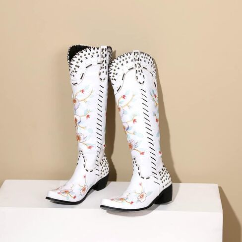 Cowboy Boots for Women Knee High Cowgirl Boots Black Western Style Embroidery Chunky Heel High Boots in Saudi Arabia