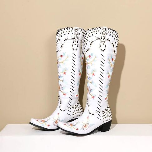 Cowboy Boots for Women Knee High Cowgirl Boots Black Western Style Embroidery Chunky Heel High Boots in Saudi Arabia