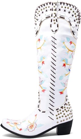 Cowboy Boots for Women Knee High Cowgirl Boots Black Western Style Embroidery Chunky Heel High Boots in Saudi Arabia