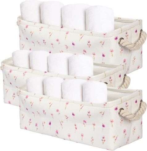 3PC Floral Narrow Storage Bins 15x6x5 inch Blue Flower Small Basket for Closet,Cabinet,Countertop Organizing Small Items Fabric Organizer with Handles, Toilet Paper Storage (Blue flower) in Saudi Arabia