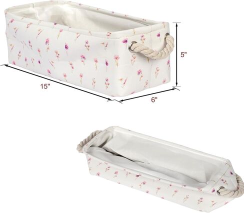 3PC Floral Narrow Storage Bins 15x6x5 inch Blue Flower Small Basket for Closet,Cabinet,Countertop Organizing Small Items Fabric Organizer with Handles, Toilet Paper Storage (Blue flower) in Saudi Arabia