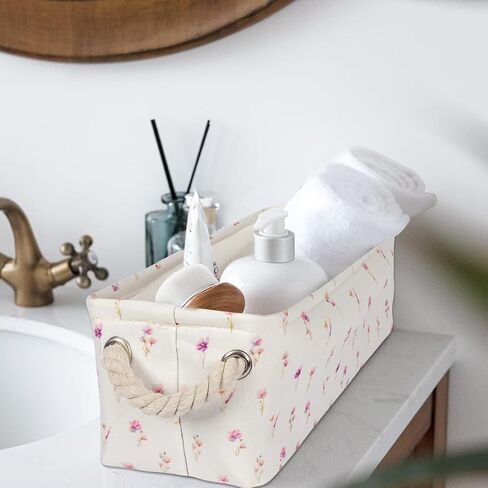 3PC Floral Narrow Storage Bins 15x6x5 inch Blue Flower Small Basket for Closet,Cabinet,Countertop Organizing Small Items Fabric Organizer with Handles, Toilet Paper Storage (Blue flower) in Saudi Arabia