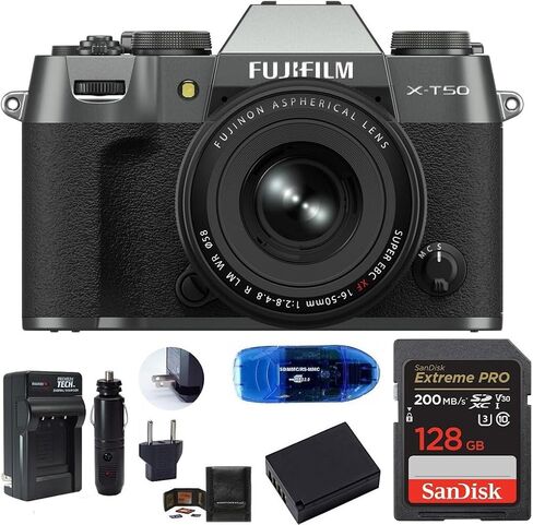 كاميرا FUJIFILM X-T50 بدون مرآة مع عدسة XF مقاس 16-50 مم (فضي فحمي)، تتضمن: بطاقة ذاكرة SanDisk Extreme PRO بسعة 128 جيجابايت، وبطارية احتياطية والمزيد (6 قطع) in Saudi Arabia