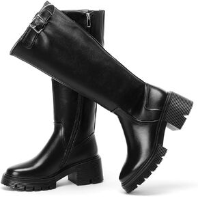 أحذية عالية للركبة بكعب عريض للنساء، أحذية ركوب الدراجات النارية اليومية، أحذية كاجوال مريحة in Kuwait