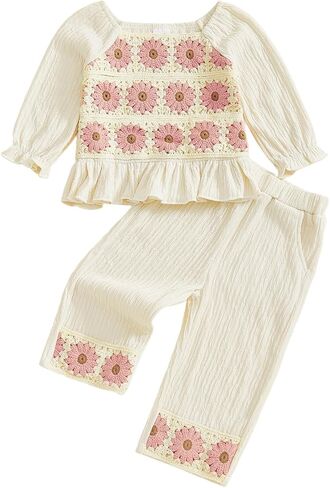 Baby Girl Cotton Linen Clothes Bow Flower Print Ruffle Long Sleeve Smocked Shirt Top Wide Leg Pants 2Pcs Fall Clothes in Saudi Arabia