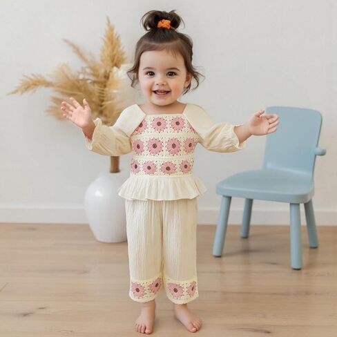 Baby Girl Cotton Linen Clothes Bow Flower Print Ruffle Long Sleeve Smocked Shirt Top Wide Leg Pants 2Pcs Fall Clothes in Saudi Arabia
