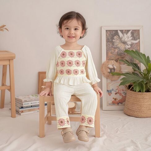 Baby Girl Cotton Linen Clothes Bow Flower Print Ruffle Long Sleeve Smocked Shirt Top Wide Leg Pants 2Pcs Fall Clothes in Saudi Arabia